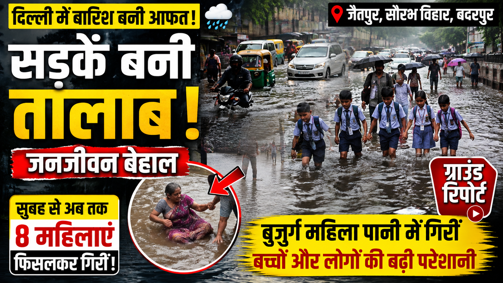 दिल्ली में बारिश बनी आफत: जैतपुर, सौरभ विहार और बदरपुर में जलभराव से जनजीवन बेहाल, बुजुर्ग महिला गिरी, स्कूली बच्चों को भी भारी परेशानी