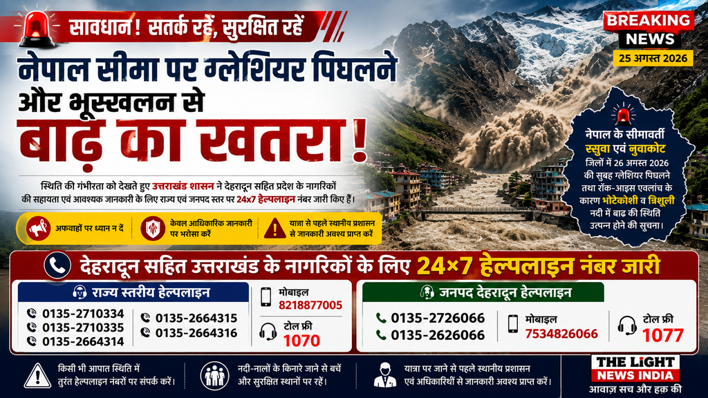 नेपाल सीमा से लगे क्षेत्रों में ग्लेशियर पिघलने एवं भूस्खलन से बाढ़ की स्थिति, देहरादून सहित उत्तराखंड के नागरिकों के लिए 24×7 हेल्पलाइन नंबर जारी 5b365191 f5eb 4135 b93f c62607024e03